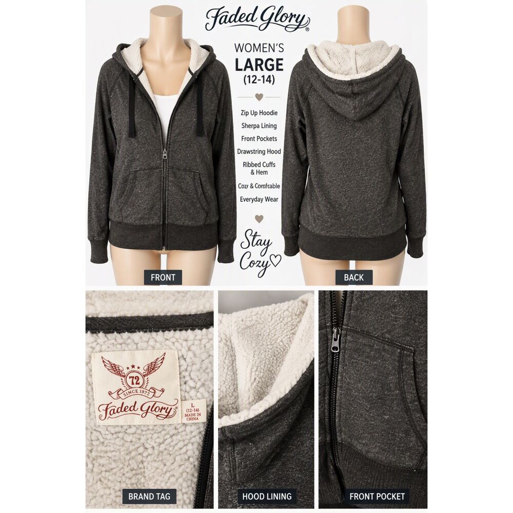 Faded Glory Women's Large Charcoal Gray Sherpa-Lined Zip Up Hoodie-- ITEM #2786
